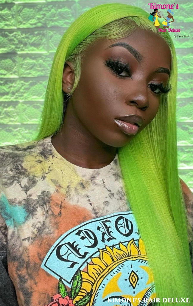 13X4 HD 10A Lime Green Straight Lace 180% Wig 10-28