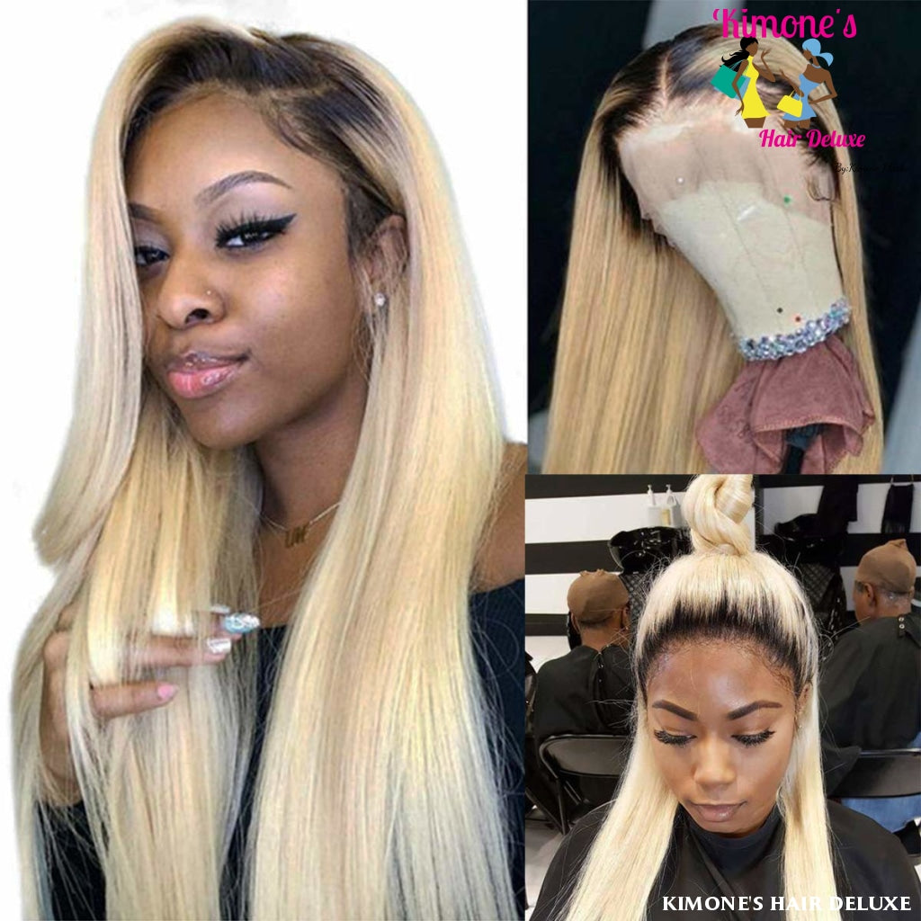 13X4 Ombre Blonde Lace Front Wigs Straight Raw Human Hair Bleached Knots Deep Part 2 Tones 613