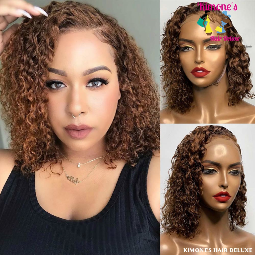 10A Virgin Short Bob Curly Human Hair Wigs Lace Front 13X4 Ombre Brown Chocolate 180% Water Wave Pre