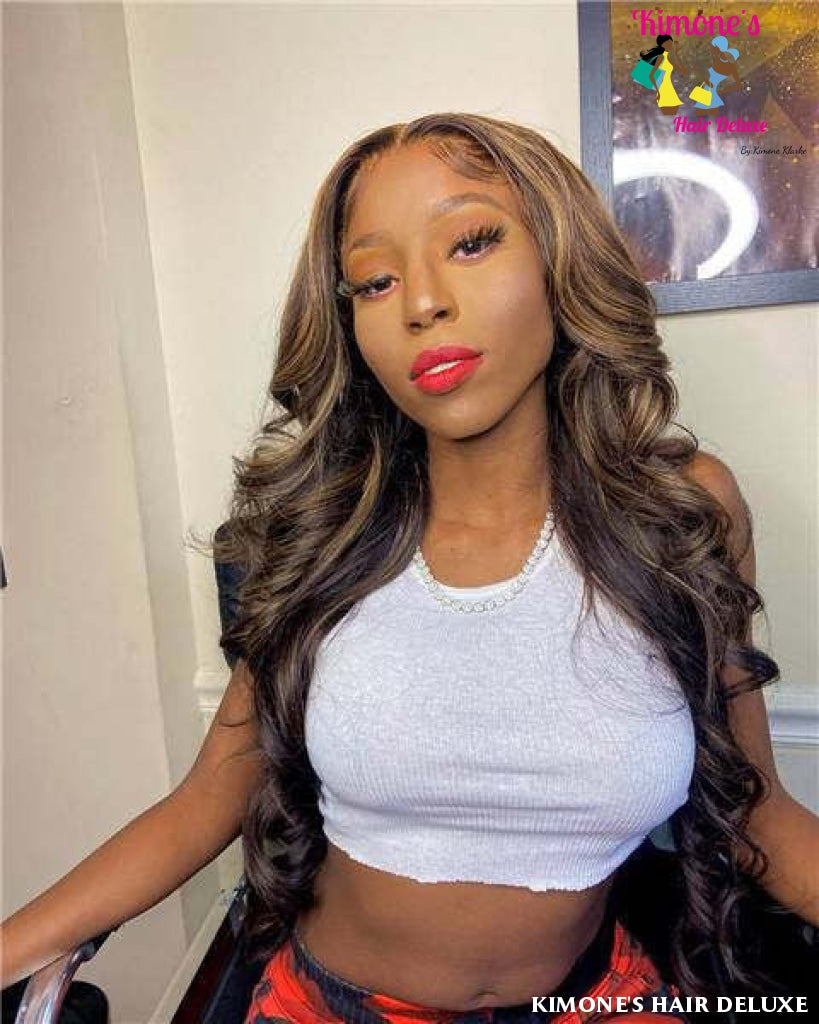 #1B/27 Piano Color Honey Blonde Highlights Balyage Colored Body Wave Lace Front Wigs Straight/body