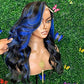 13x4/13x6 HD SKunk stripe Bodywave Black & Blue Highlights 180% Lace front  wig 14-26