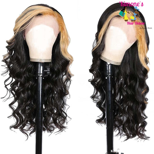 Honey Blonde Skunk Stripe Loose Wave Lace Front Wig 13X4 Human Hair Apparel & Accessories