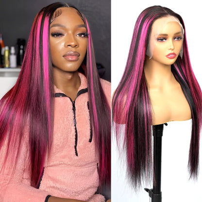 13x4 Transparent Lace Wig Balayage Straight Colored Higlighted Pink 180% density 10-28