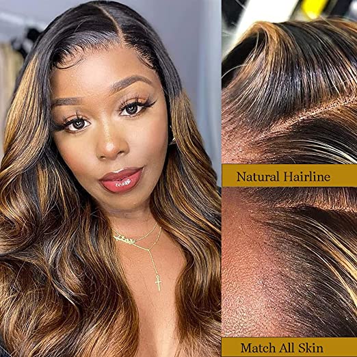 13x4/4x4 180% HD Lace Front 1b/27 Bodywave Natural B with Ombre Honey Brown hightlights 12-28
