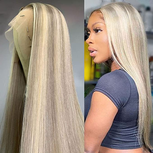 13X4 Platinum Blonde Highlight P18/613 180% Straight Human Hair wigs 18-30in