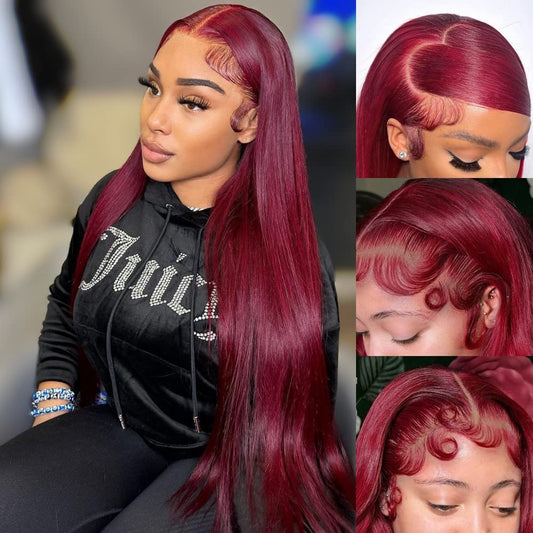 99j Reddish Burgundy 13x4 HD Lace Front Human Hair Wigs Straight 180% Density