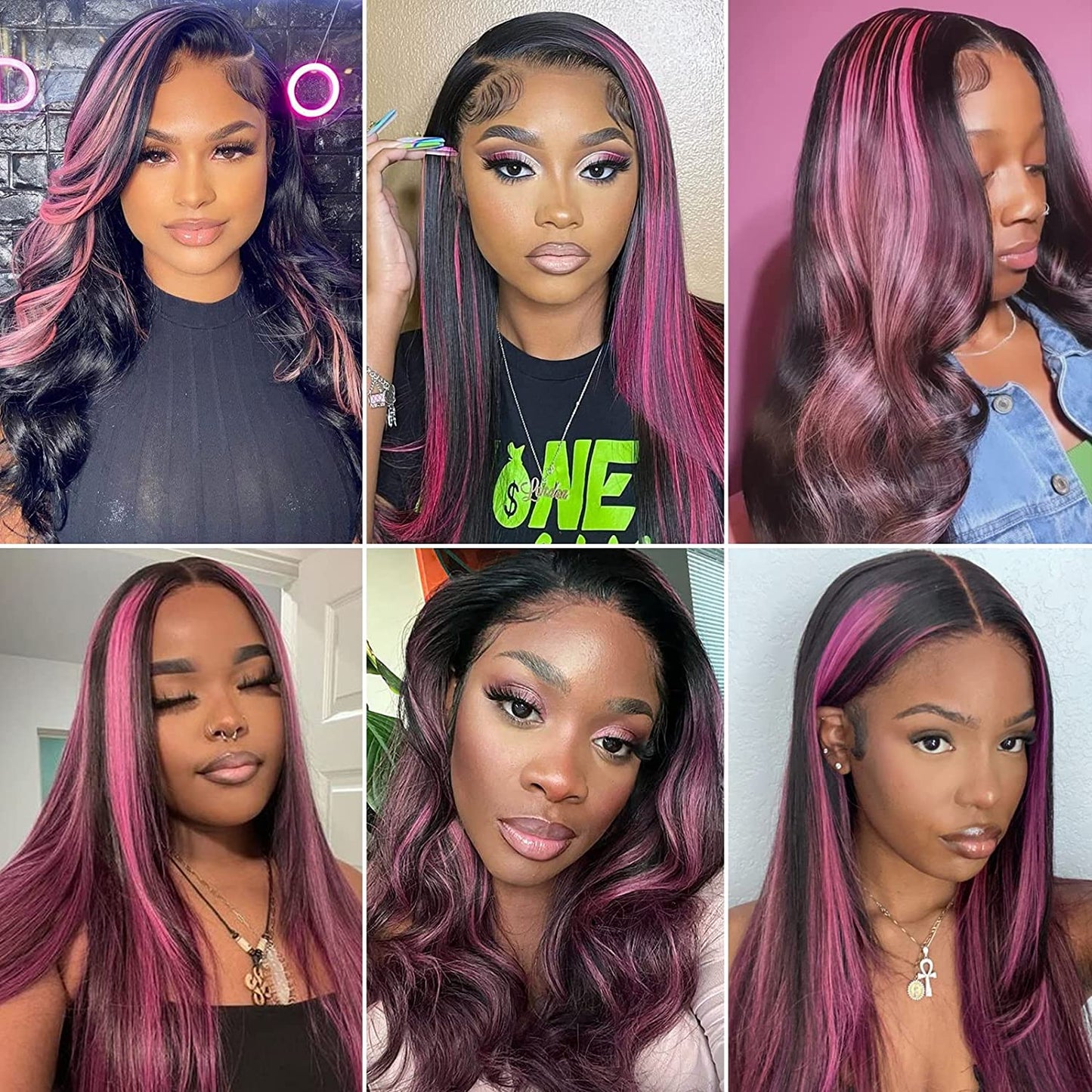 13x4 Transparent Lace Wig Balayage Straight Colored Higlighted Pink 180% densité 10-28
