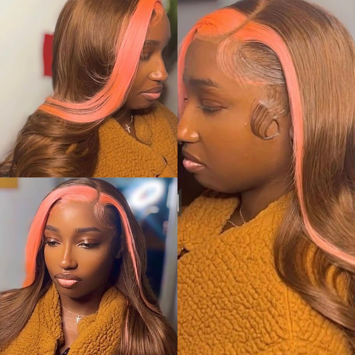 Strawberry Pink & Chocolate Skunk Stripe Color Wig 13*4 Lace Front Wig 180% Transparent lace wig