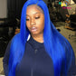 Brazilian Remy Blue Color 13X4 Transparent Lace Wig Straight Part Front Human Hair Pre Plucked