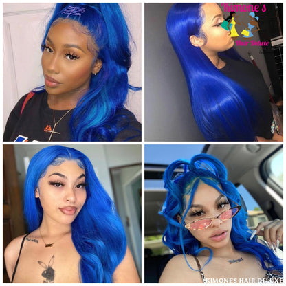 Brazilian Remy Blue Color 13X4 Transparent Lace Wig Straight Part Front Human Hair Pre Plucked