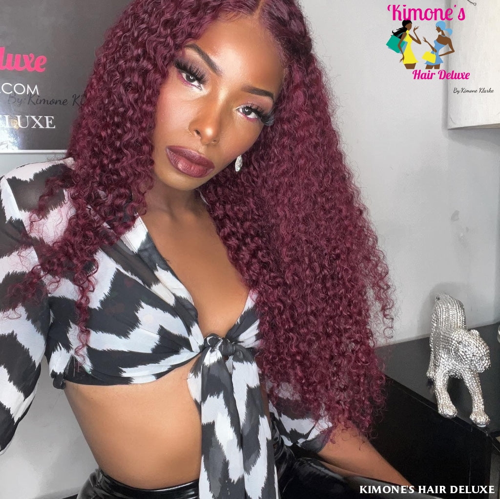 Cherry Burgundy Red 99J 13X4 Transparent Lace Kinky Curly Lace Front Wigs 180% Density Brazilian