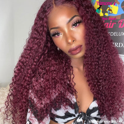 Cherry Burgundy Red 99J 13X4 Transparent Lace Kinky Curly Lace Front Wigs 180% Density Brazilian