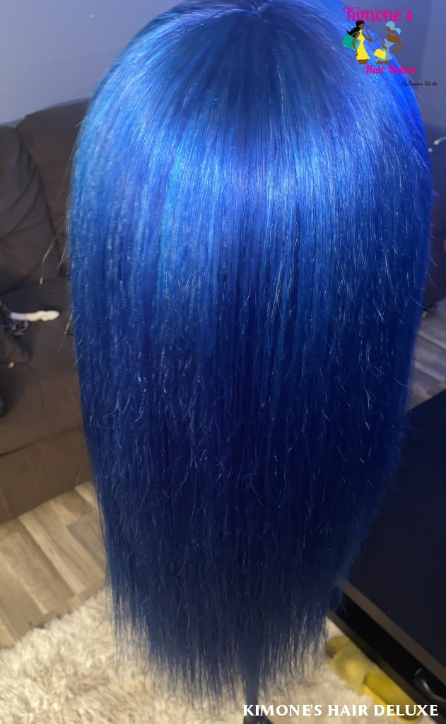 Colored Blue 150% 13*4 T Lace Human Hair Wigs Pre Plucked Hairline Brazilian Wig With Baby Remy