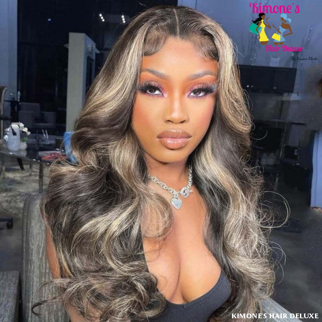 #1B/613 Black And Blonde Virgin Wigs Straight Body Wave Highlight Lace Front 10-26 Inch 180%