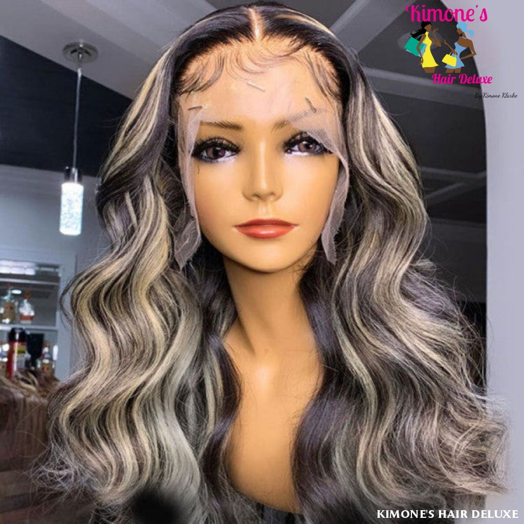 #1B/613 Black And Blonde Virgin Wigs Straight Body Wave Highlight Lace Front 10-26 Inch 180% Apparel