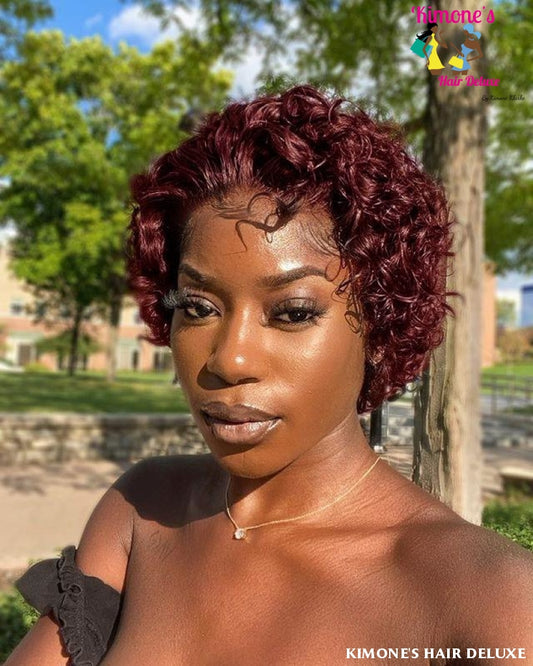 Burgundy Lace Front Wig For Curly Human Hair Bleached Knots 360 Frontal Short Pixie Cut Baby 150