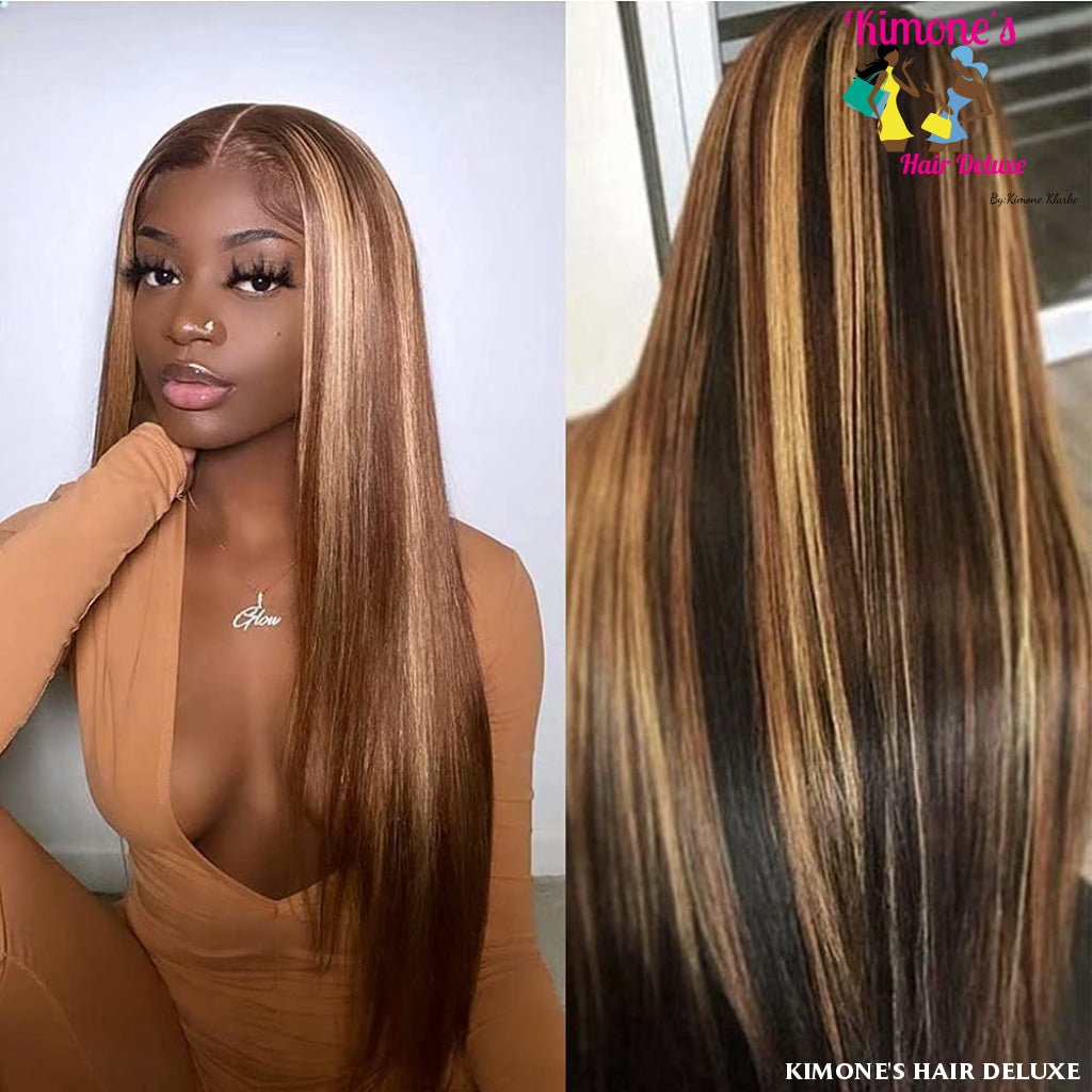 Highlight 13X6 Straight Lace Front Wig Human Hair Piano Color Brazilian 4/27 Frontal Pre Plucked
