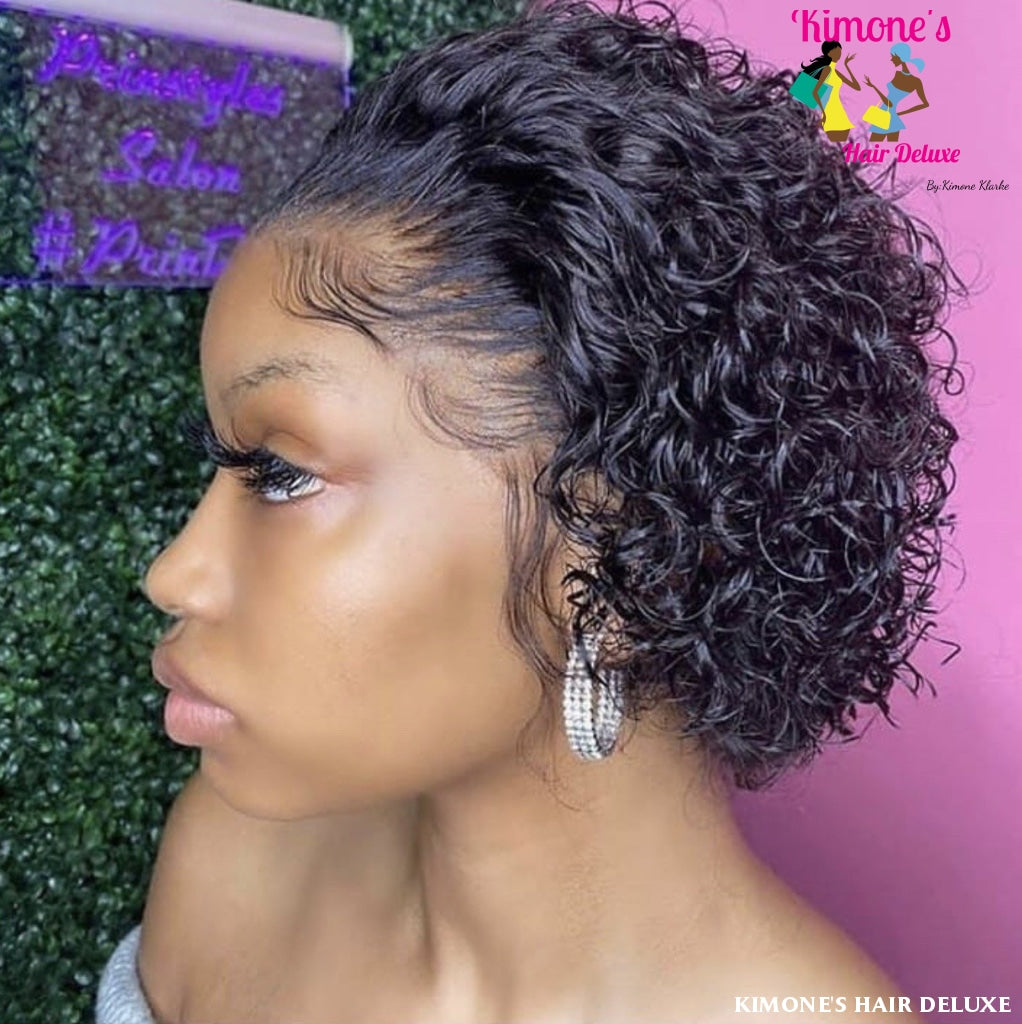 Pixie Cut Wig Human Hair Pre Plucked Bleached Knots Short Water Wave Bob 13X4 Lace Font 130% Remy