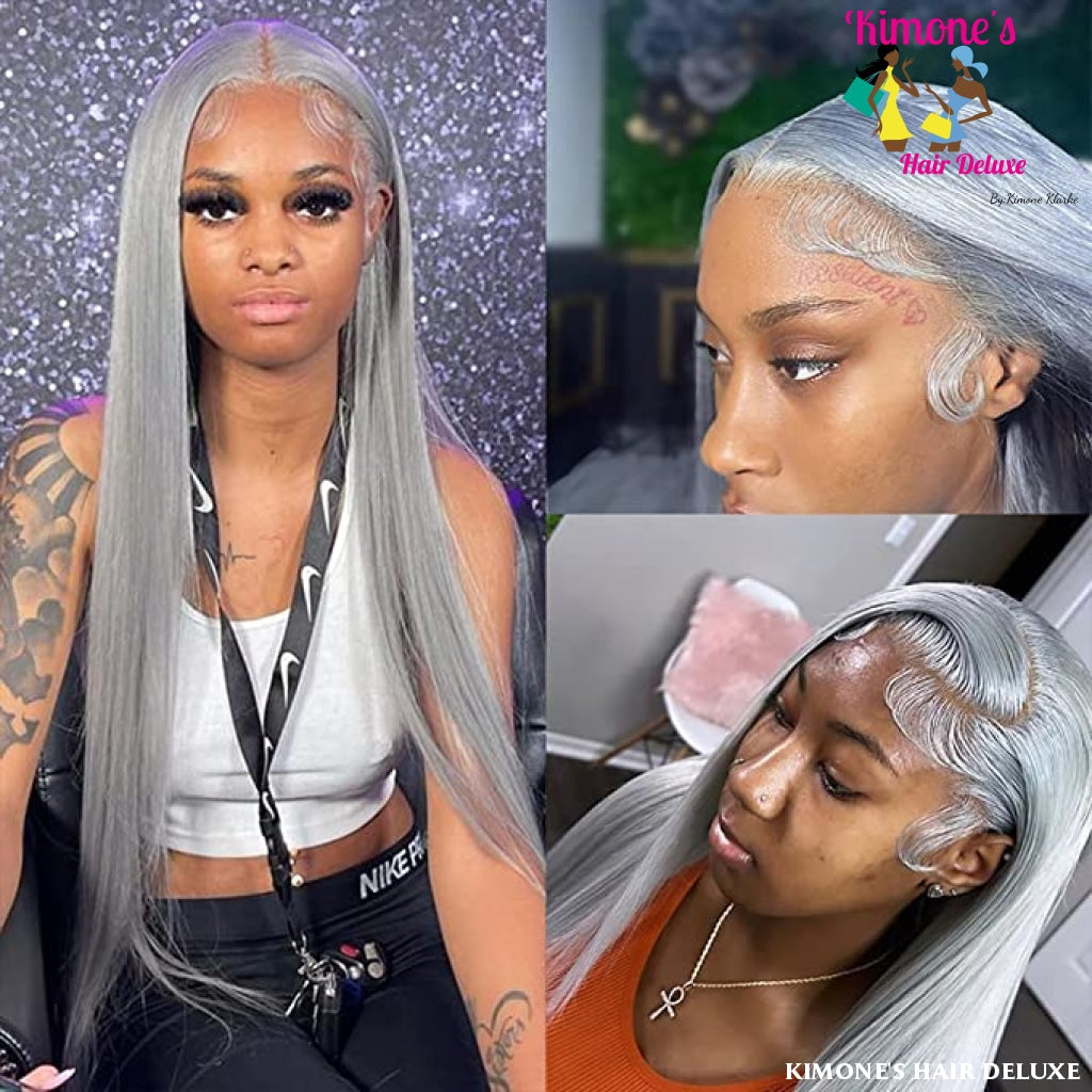 Platinum Grey Hd Lace Straight 13X4 Lace Front Human Hair Wigs 180% 10-24In