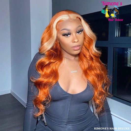 Skunk Stripe Ginger Orange With Blonde Streak Color Straight Peruvian 13*4 Hd Lace Front Wig 180% 10