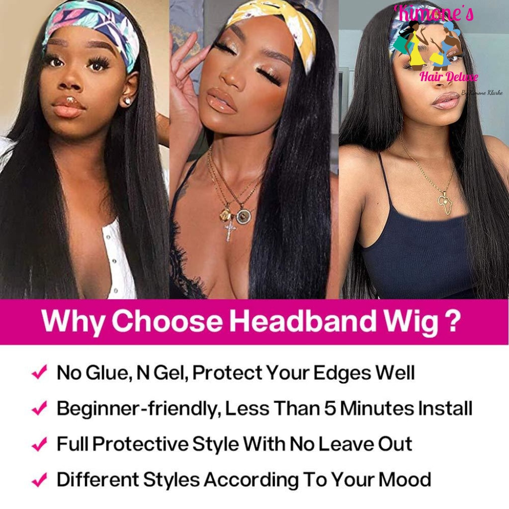 Straight Headband Wigs Human Hair Natural Black Glueless Non Lace Front Silky Brazilian Remy 150%