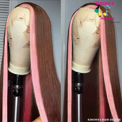 Strawberry Pink & Chocolate Skunk Stripe Color Wig 13*4 Lace Front 180% Transparent Lace Wig 10