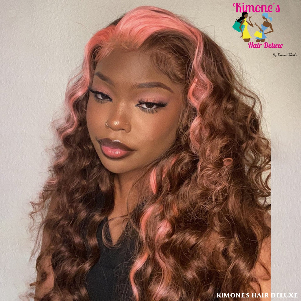 Strawberry Pink & Chocolate Skunk Stripe Color Wig 13*4 Lace Front 180% Transparent Lace Wig Apparel