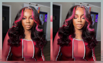 Hot Pink Lace Front Wigs Human Hair Skunk Stripe 13X4 HD Transparent Lace 10-30 in